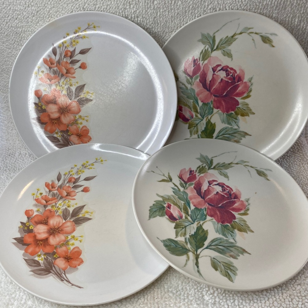 Vintage Mar-Crest Melmac Dinner Plates Set of 4 Floral Rose Orange Chicago USA‎